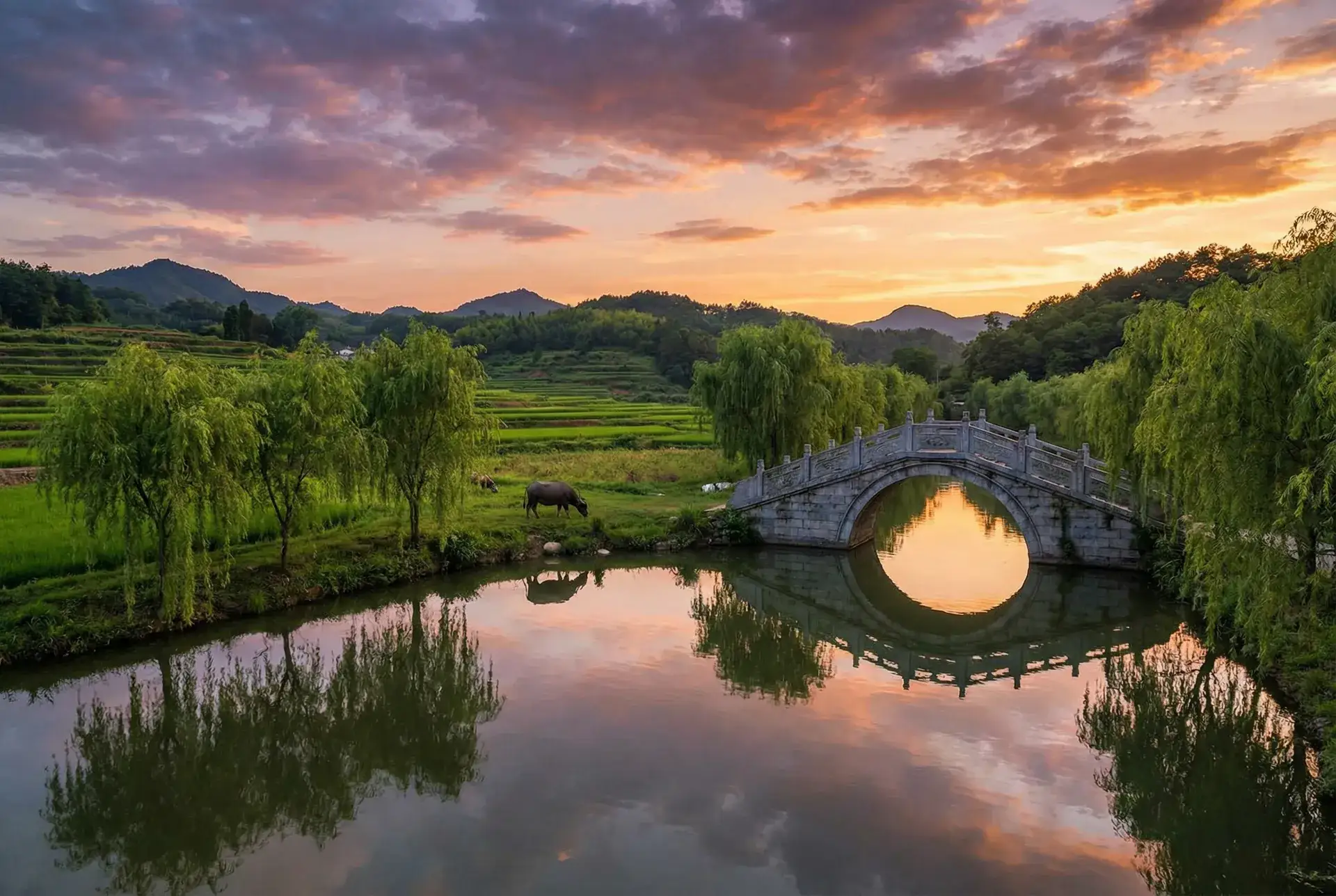 夕阳下的石拱桥与垂柳，水牛在河边吃草 - 穿越火线在线观看免费完整版 乡村美景